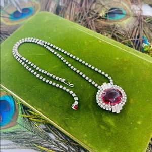 1950s Vintage Art Deco Crystal Necklace with Large Faceted Red Crystal.